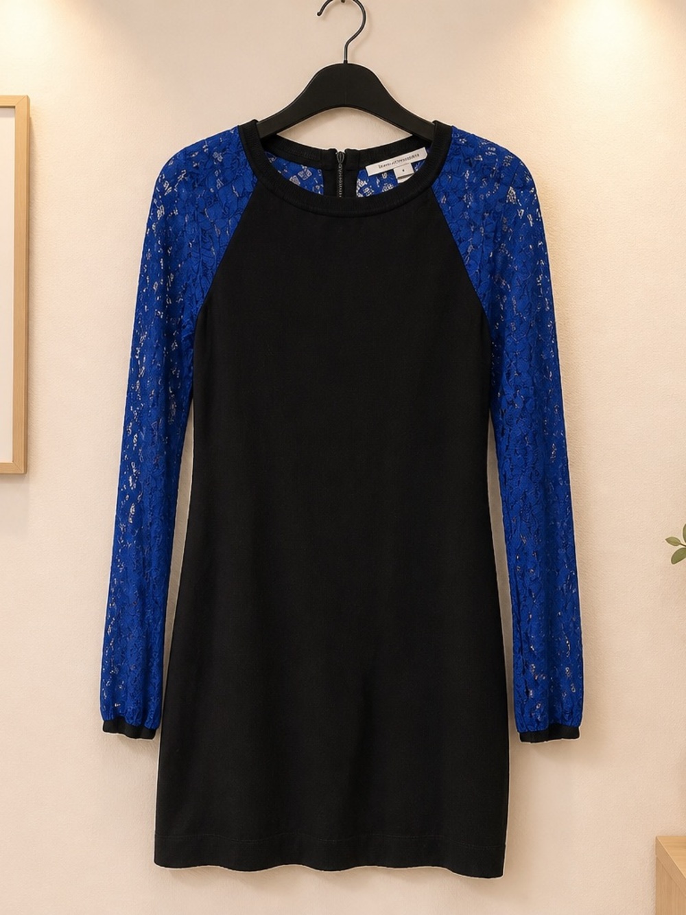 Diane Von Furstenberg Black Dress with Cobalt Blue Lace Sleeves